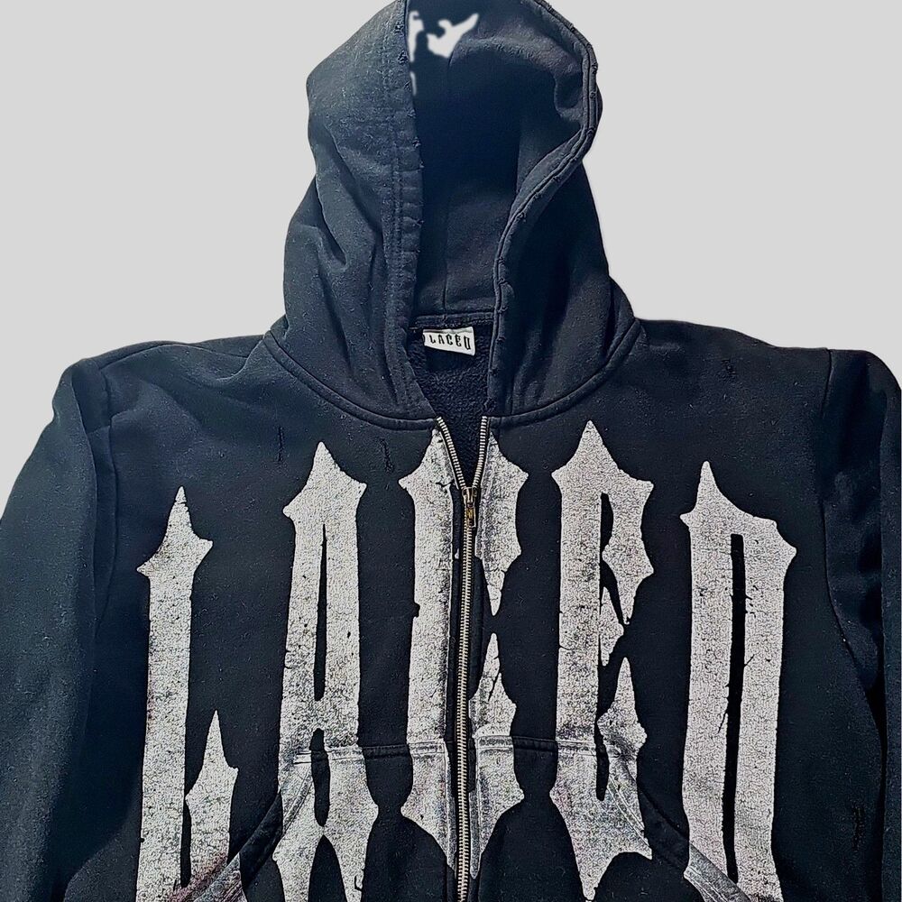 Laced Brand Gothic Graphic Zip Up Hoodie Black Vintage Distressed Mens Size M